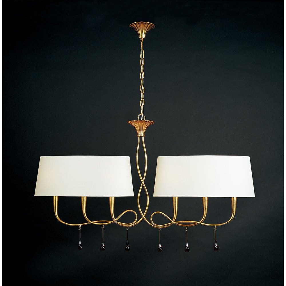 Paola Dual Arm Pendant Light with Cream Shades & Amber Glass Accents, Gold Finish