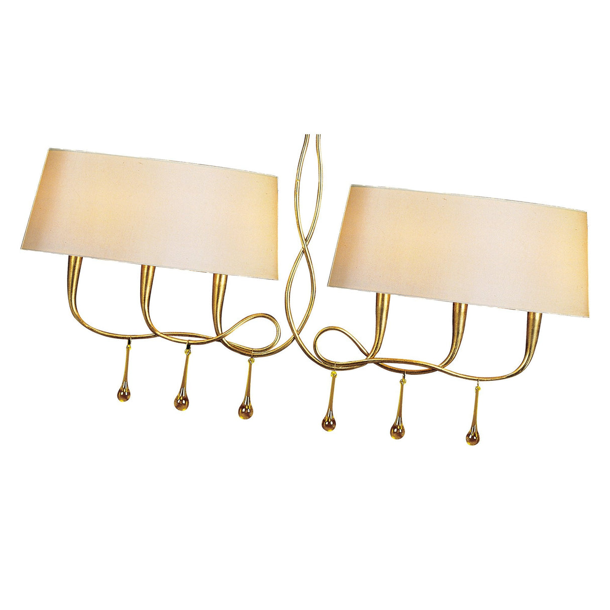 Paola Dual Arm Pendant Light with Cream Shades & Amber Glass Accents, Gold Finish