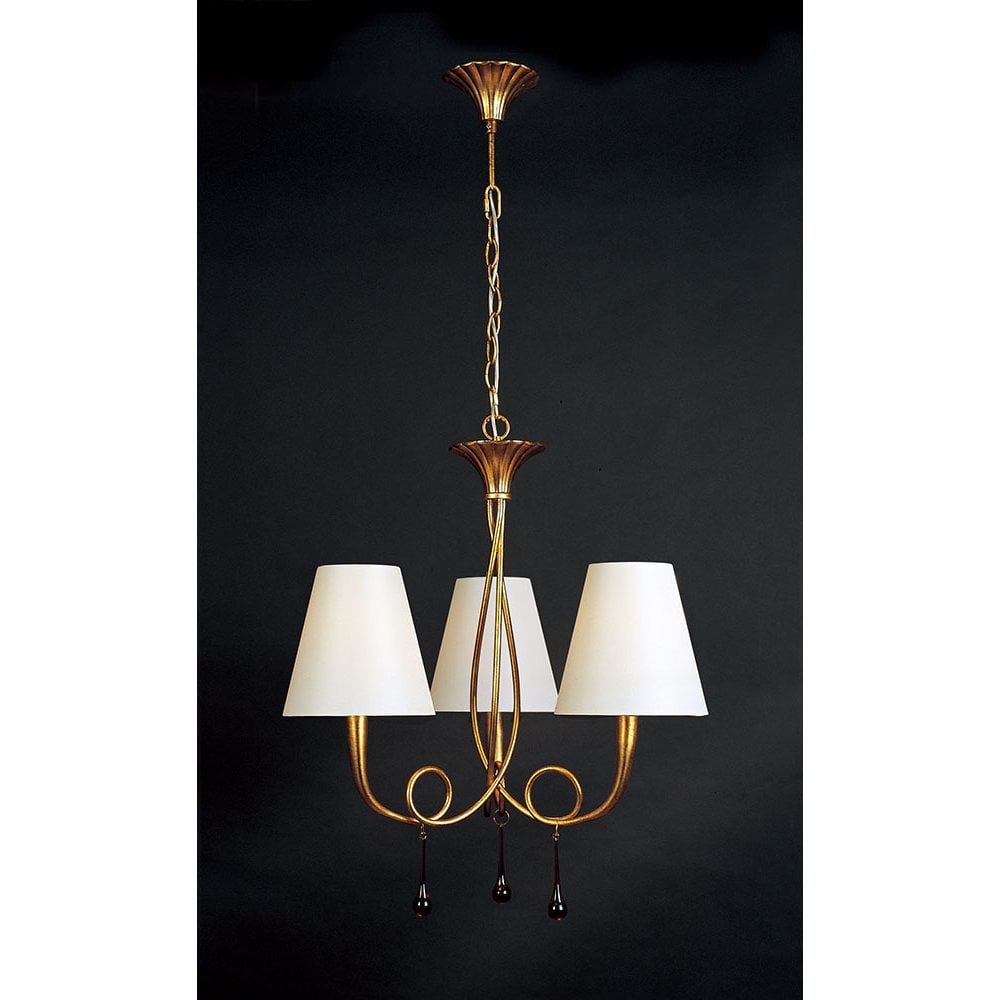 Paola Pendant Light Trio E14, Gold Finish with Cream Shades & Amber Glass Accents