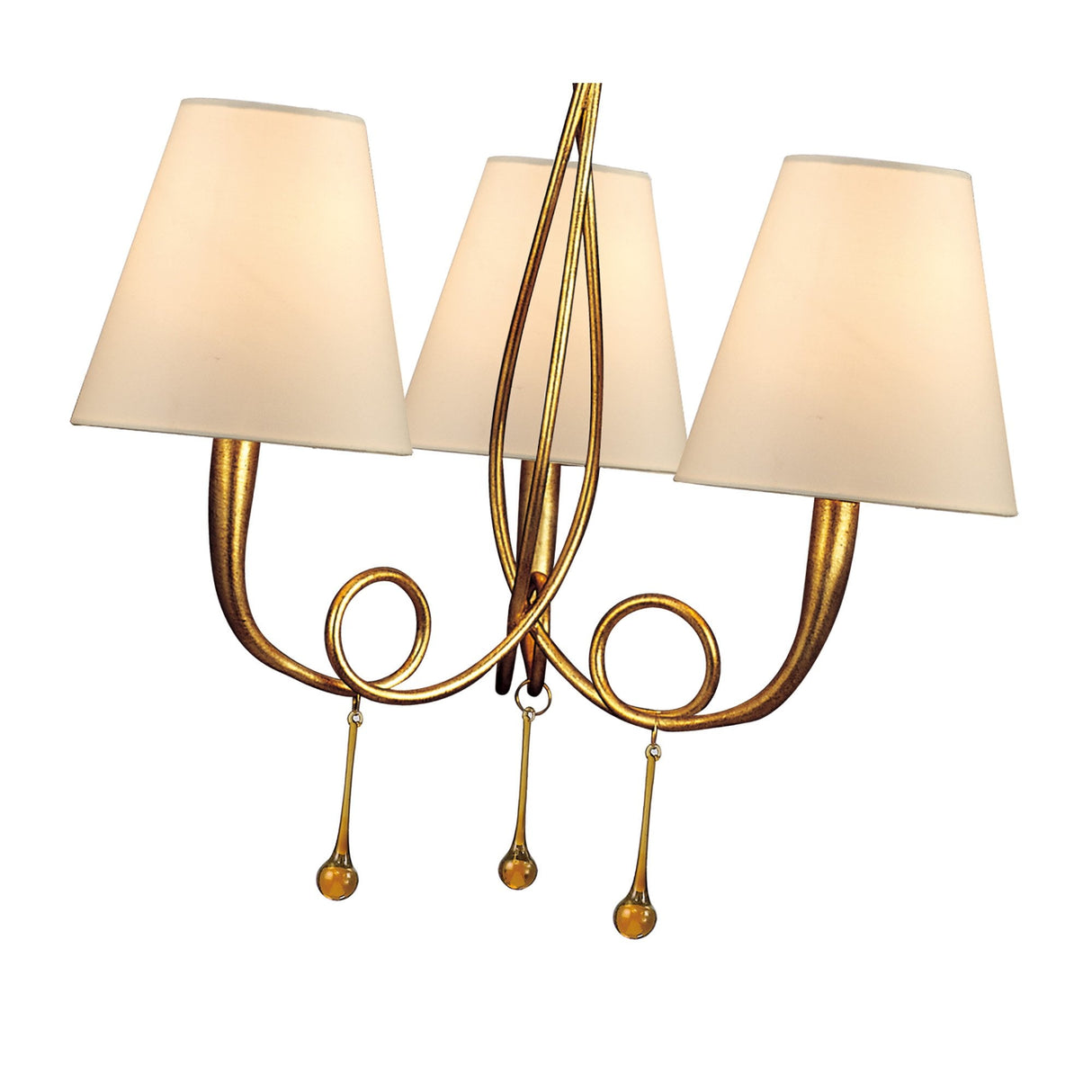 Paola Pendant Light Trio E14, Gold Finish with Cream Shades & Amber Glass Accents