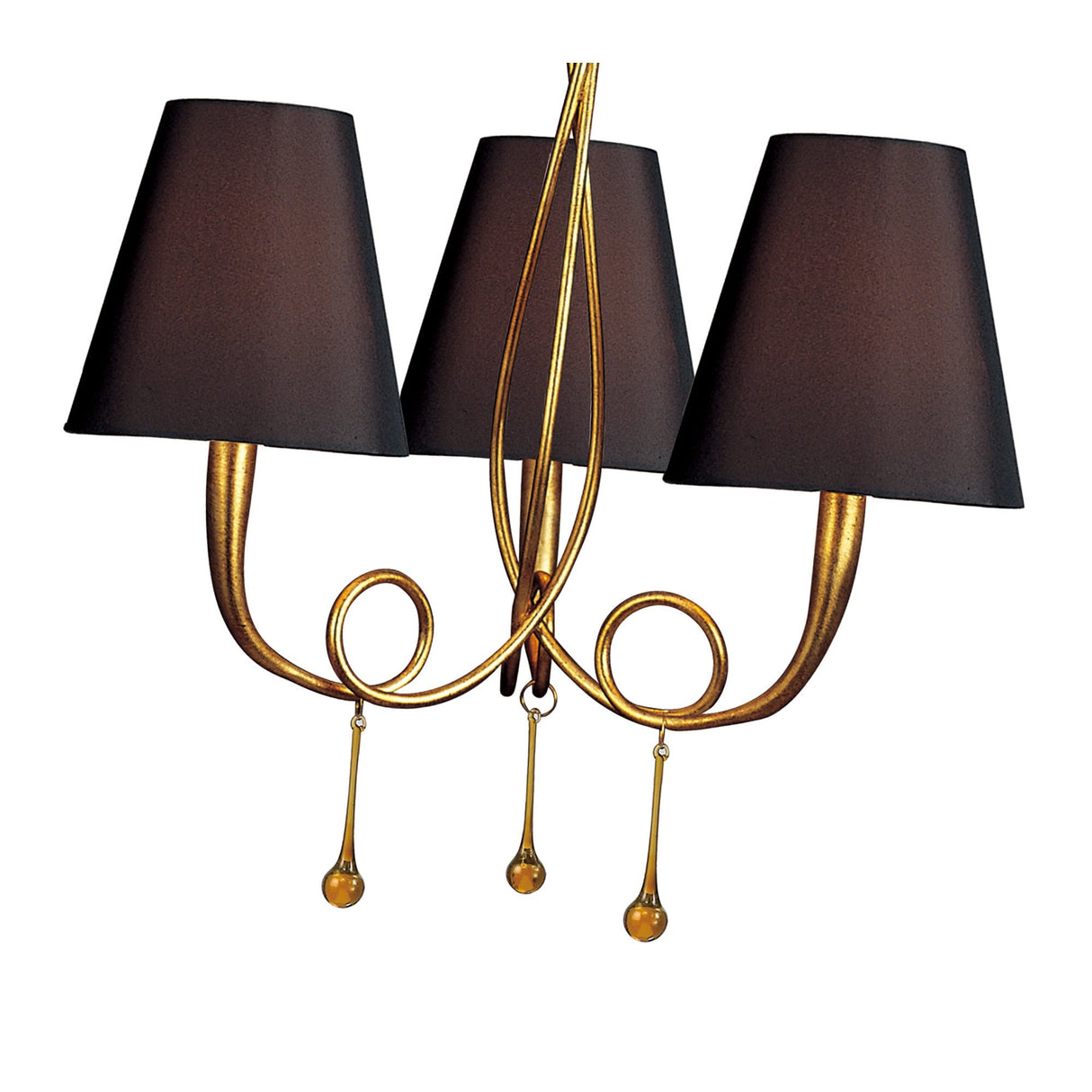 Paola 3-Light Pendant in Gold with Black Shades & Amber Glass Accents