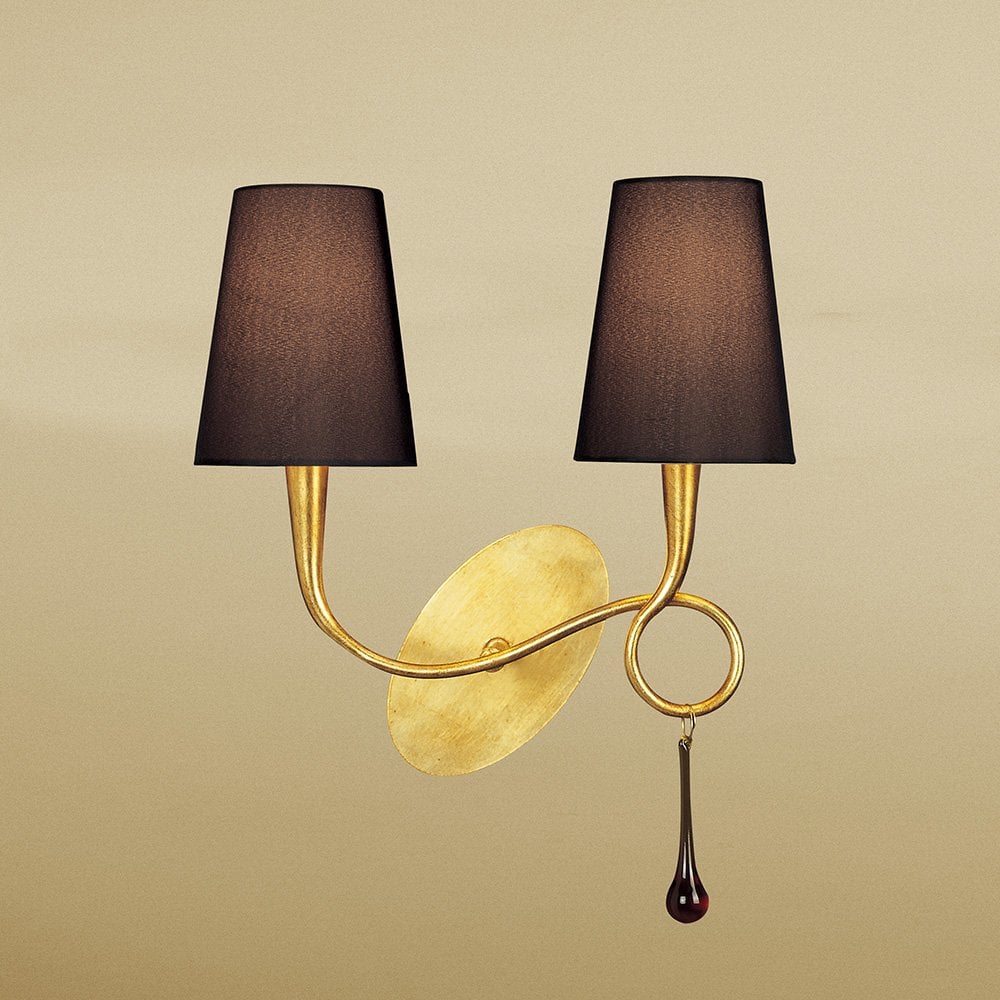 Paola Dual-Lamp Wall Fixture in Gold with Black Shades & Amber Glass Accents