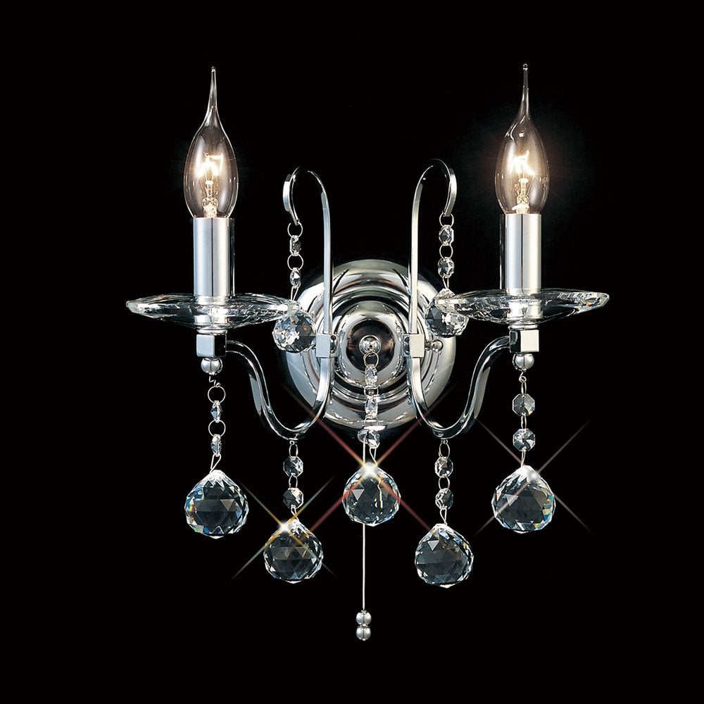 Polished Chrome Crystal Elegance: Bianco Dual Light Wall Lamp with Pull Switch