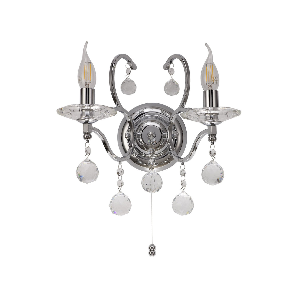 Zinta 2-Light Polished Chrome and Crystal Wall Sconce with Pull Switch