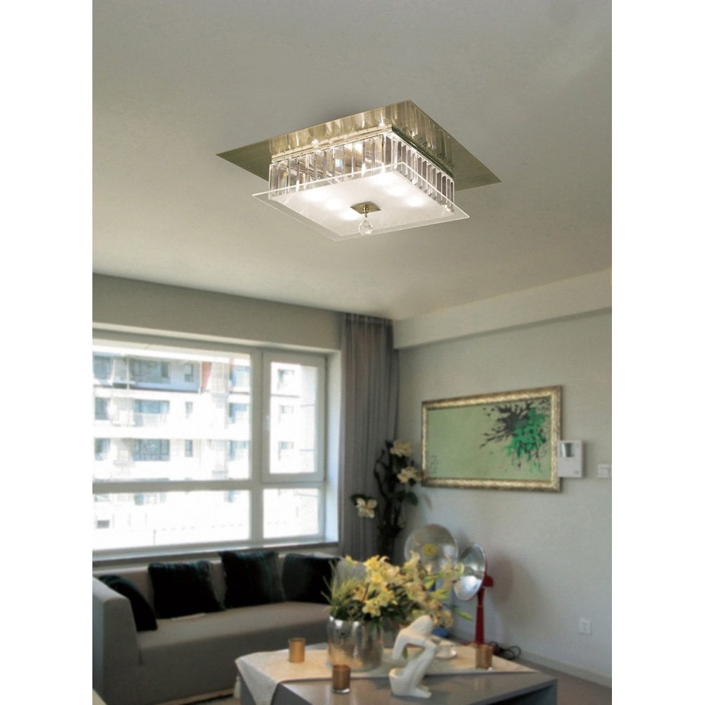 Tosca Square Ceiling Light with Antique Brass and Crystal Accents
