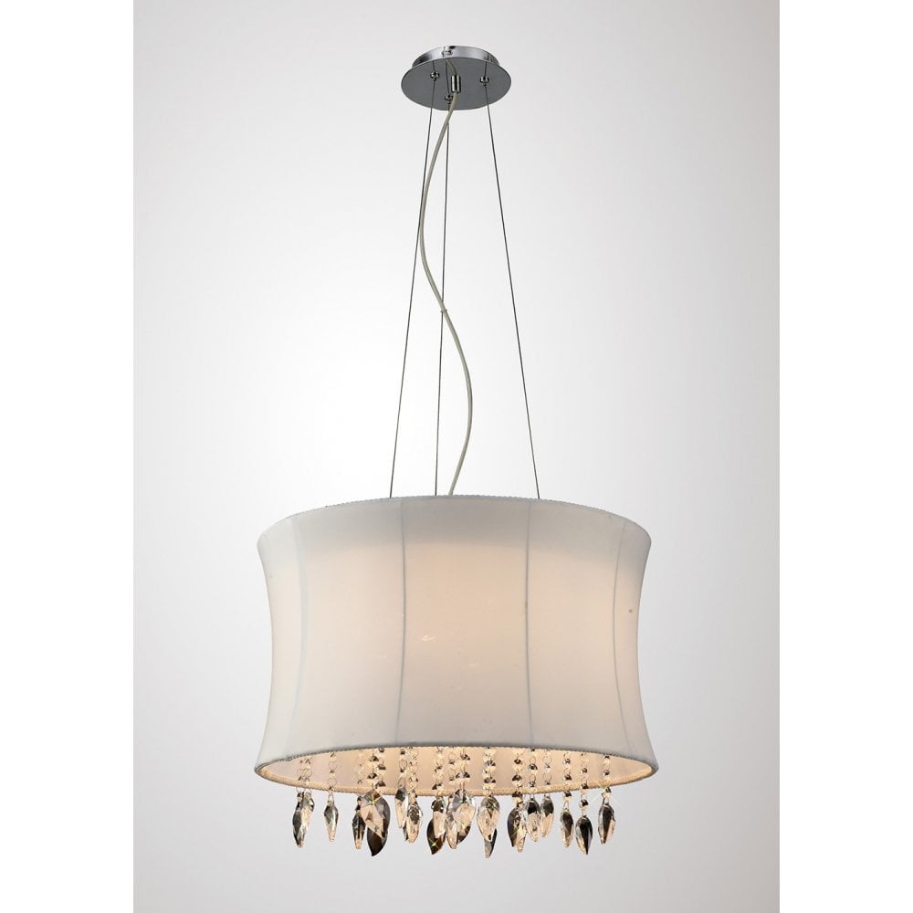 Niki 4-Light Pendant with White Fabric Shade and Polished Chrome Frame, Clear Crystal Accents