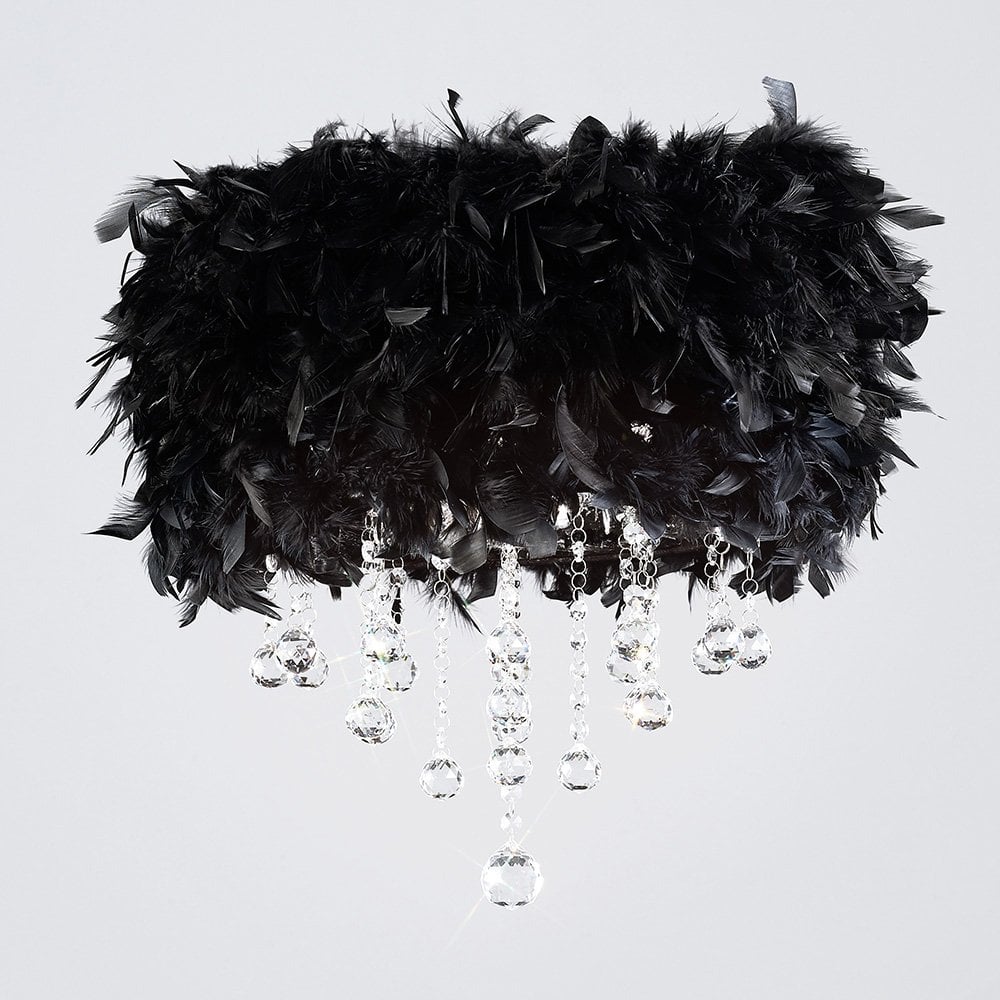 Ibis Elegant Feathered Ceiling Light with Black Shade and Crystal Accents