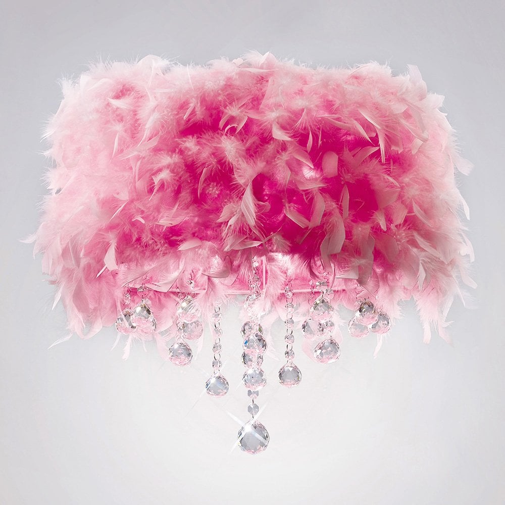 Glamorous Pink Feathered Ceiling Light with Crystals in Polished Chrome