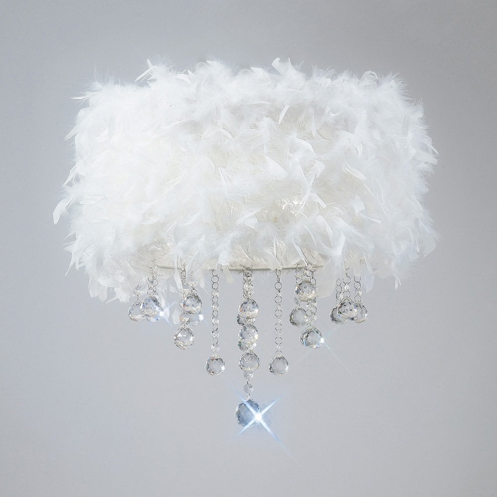 Ibis Ceiling Fixture with White Feather Shade and Crystal Accents - 3 Light Polished Chrome