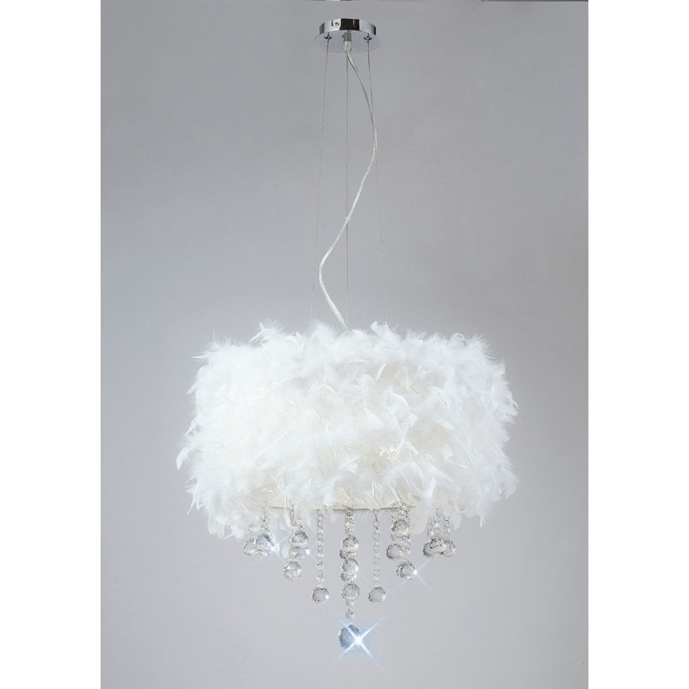 Ibis Pendant Light with Feathered White Shade and Polished Chrome Finish