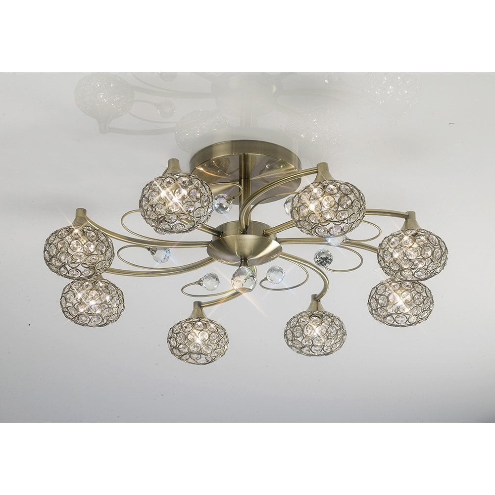 Cassia Twigue Elegant 8-Light Ceiling Fixture in Antique Brass and Crystal