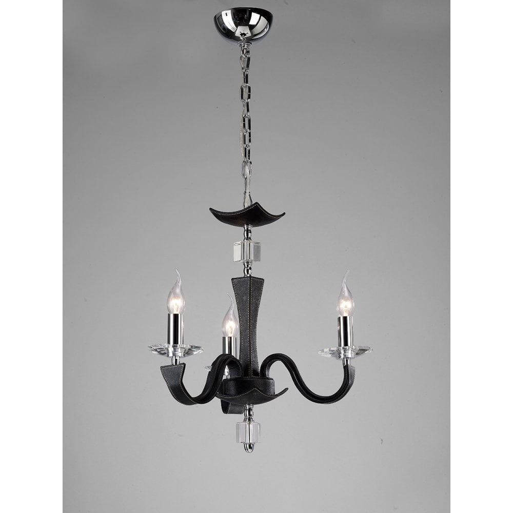 Nardini 3-Light Pendant in Polished Chrome with Black Faux Leather and Crystal Accents
