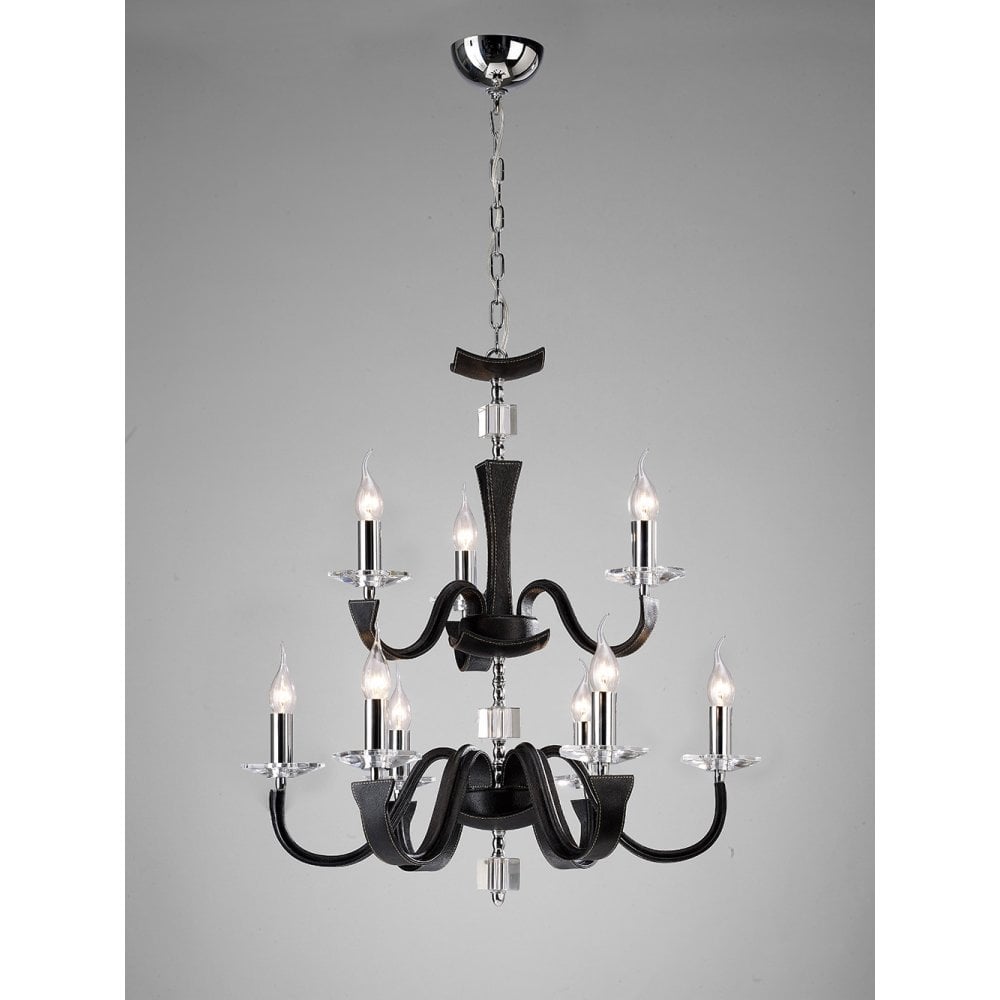 Nardini 2-Tier 9-Light Chandelier in Polished Chrome and Black Faux Leather with Crystal Accents