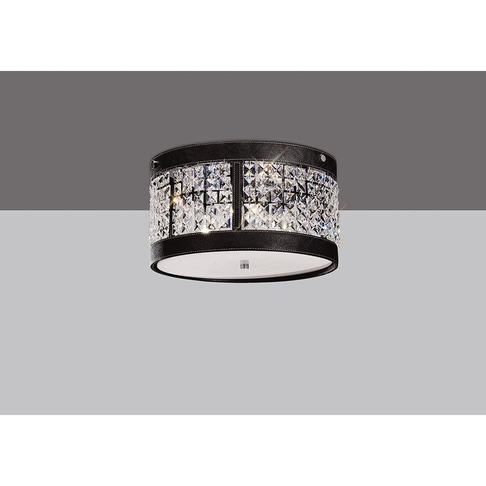 Celsa 3-Light Ceiling Fixture in Polished Chrome with Dark Brown Faux Leather and Crystal Accents