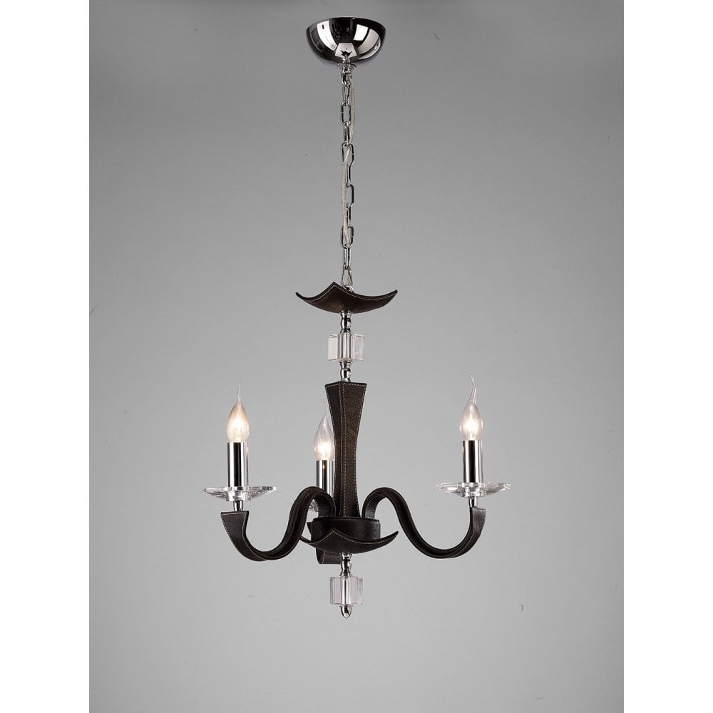 Nardini 3-Light Pendant in Polished Chrome with Dark Brown Faux Leather and Crystal Accents