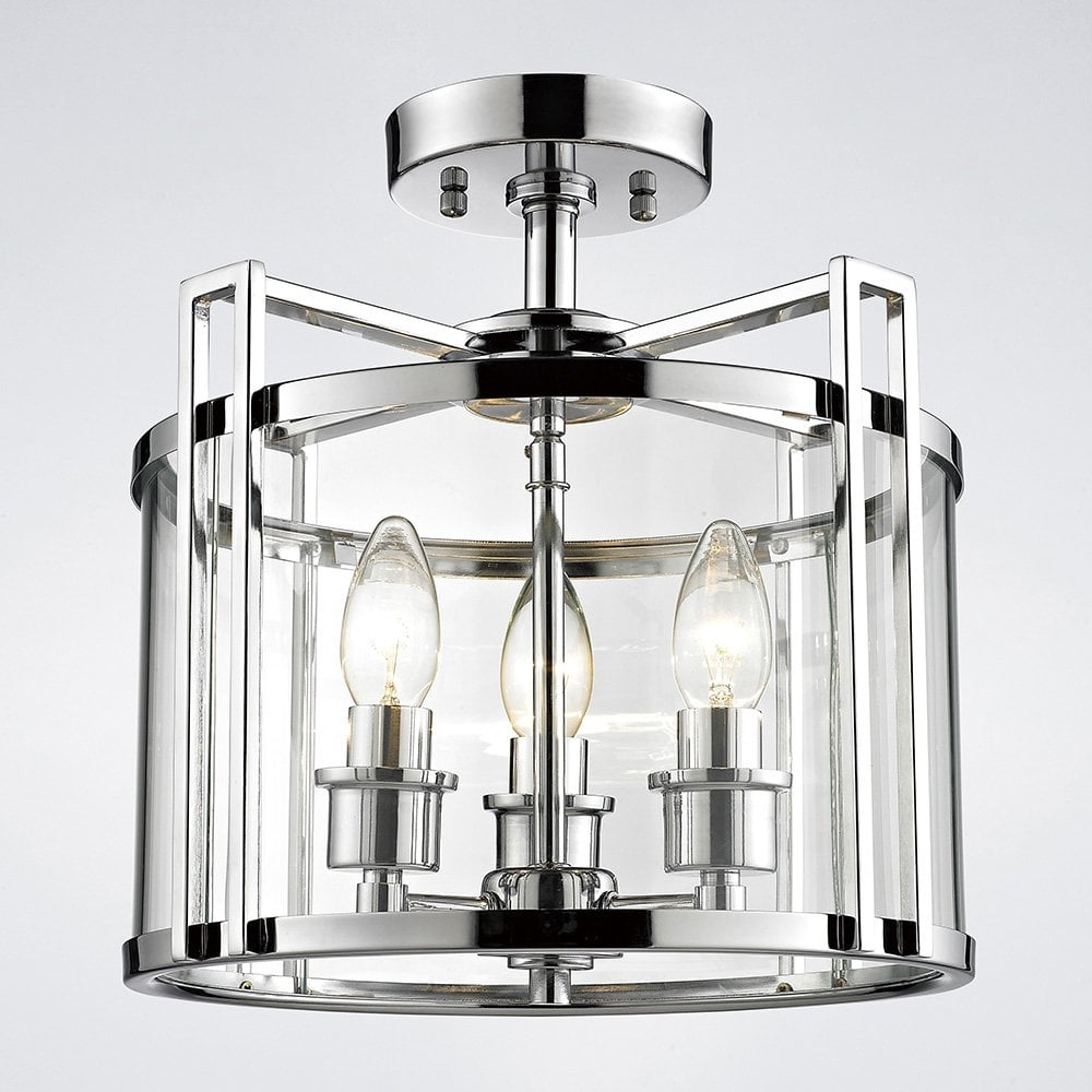 Eaton Polished Chrome 3-Light Semi Ceiling Lantern with Glass Panels