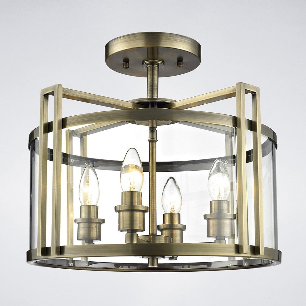 Elegant Eaton Antique Brass and Glass 4-Light Semi Ceiling Fixture