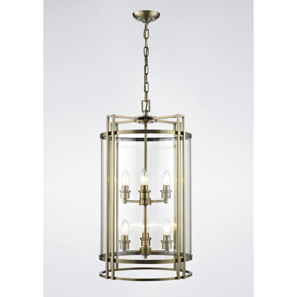 Eaton 6-Light Antique Brass and Glass Pendant Chandelier