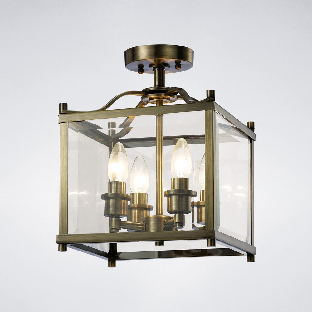 Aston Antique Brass and Glass Semi-Flush 4-Light Ceiling Fixture