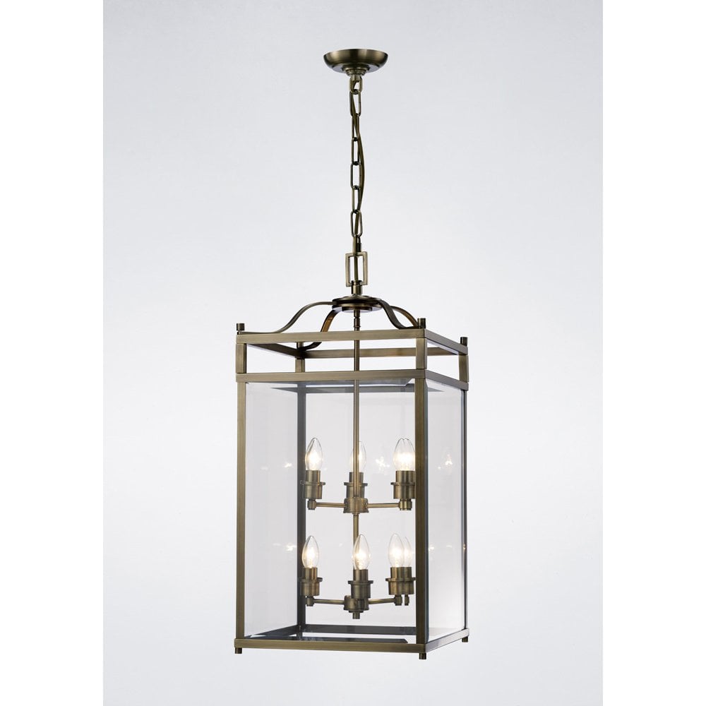 Aston 6-Light Antique Brass and Glass Pendant Chandelier