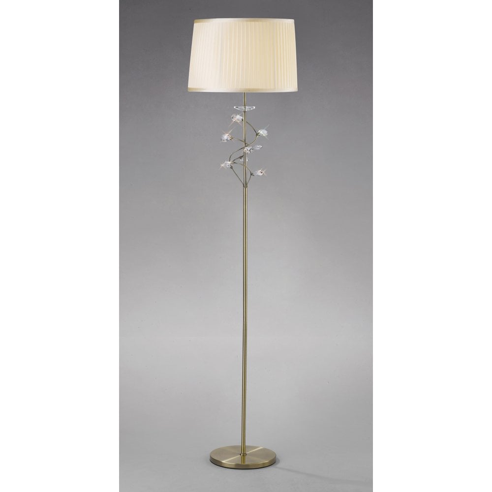 Antique Brass Willow Floor Lamp with Cream Shade and Crystal Accents