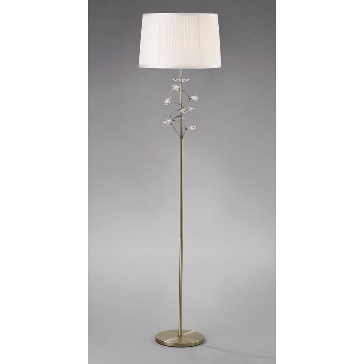 Antique Brass Willow Floor Lamp with White Shade and Crystal Accents
