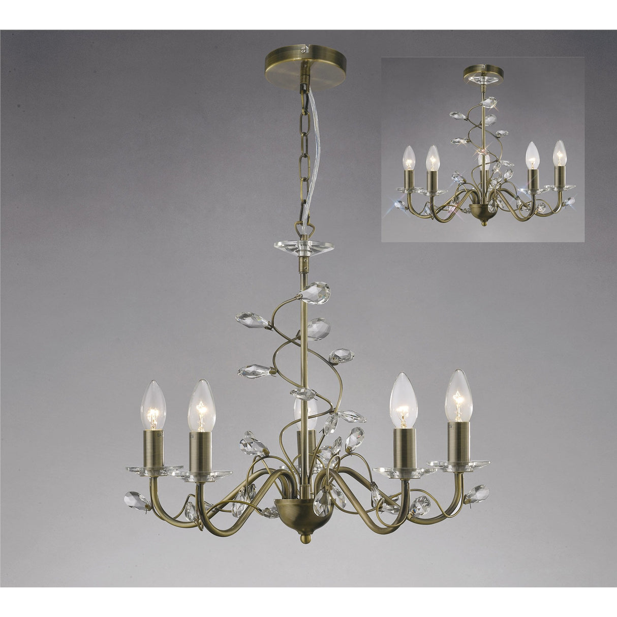 Willow Pendant Light - 5 Light Antique Brass and Crystal Design