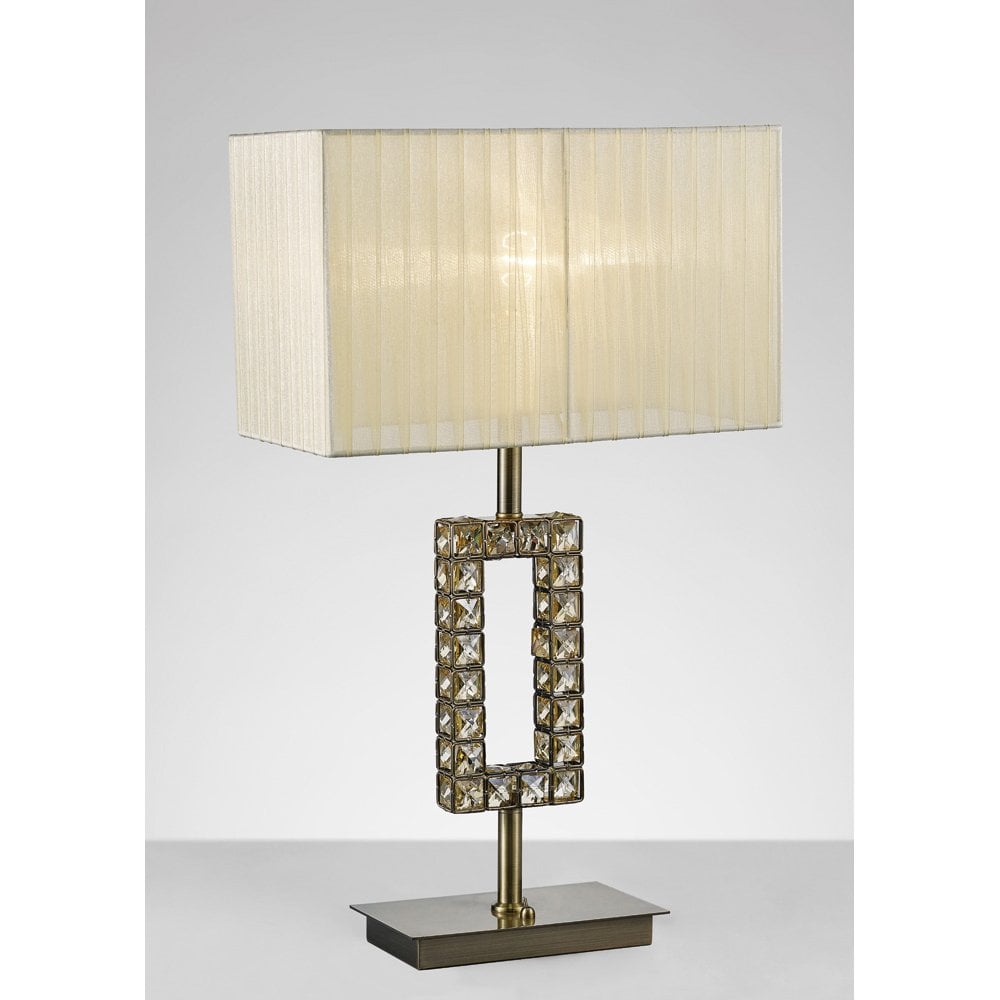Florence Antique Brass Rectangle Table Lamp with Cream Shade and Cognac Crystal Accent