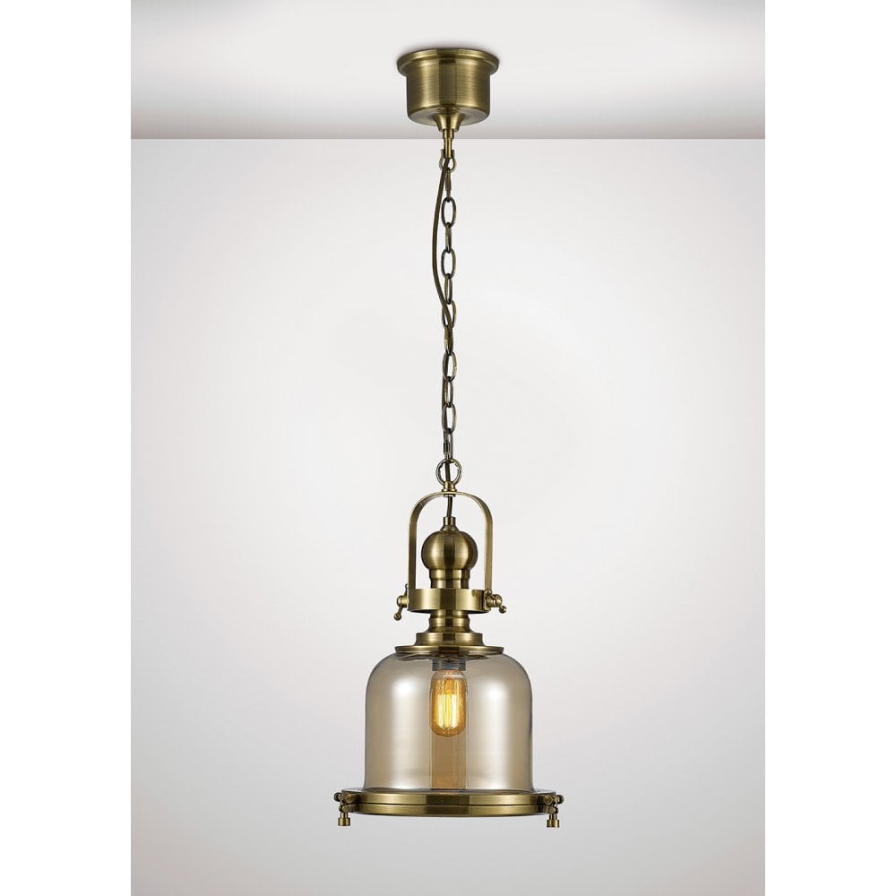 Riley Antique Brass & Cognac Glass Single Bell Pendant Light