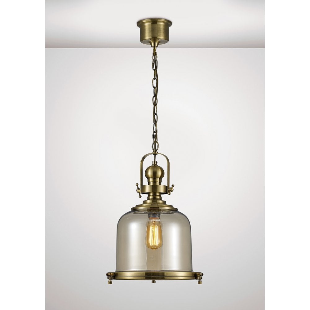 Riley Medium Bell Pendant Light in Antique Brass with Cognac Glass Shade