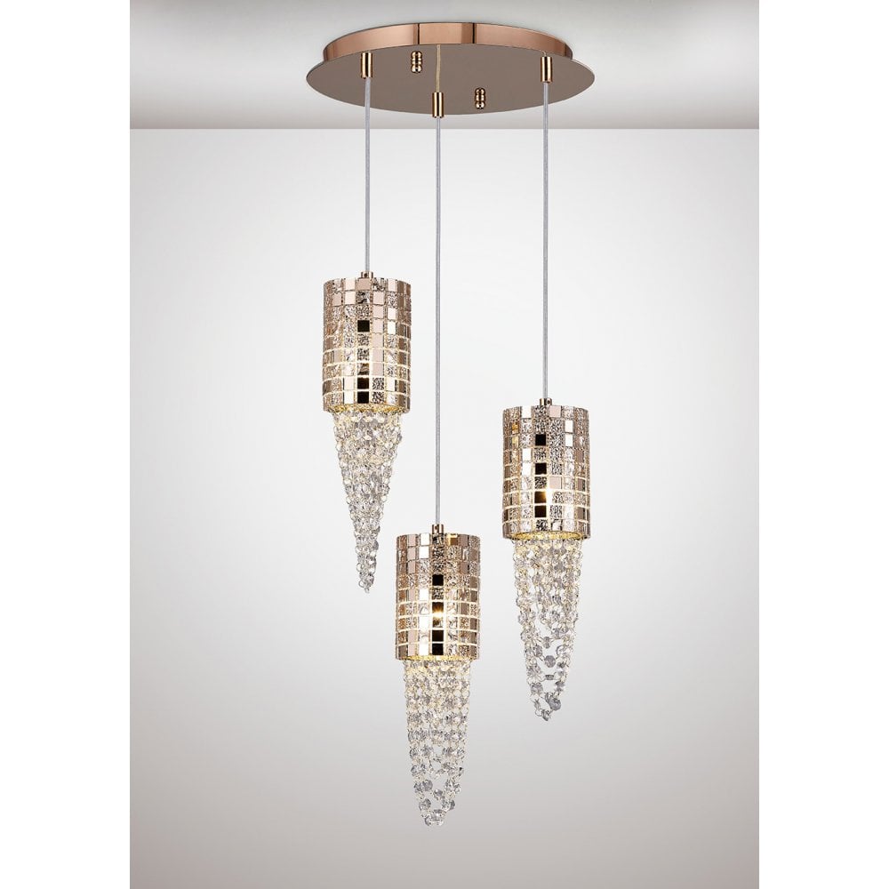 Camden Rose Gold Mosaic Glass and Crystal 3-Light Pendant Chandelier