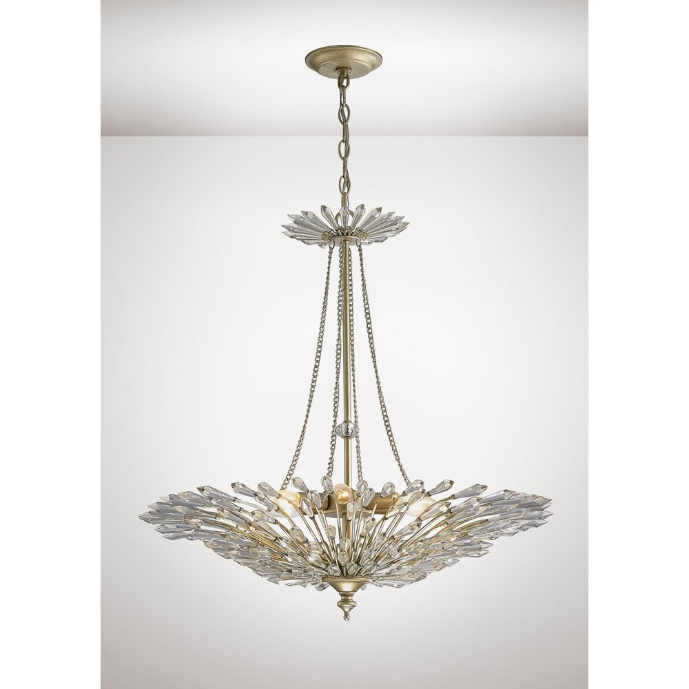 Fay Pendant 6 Light Chandelier in Aged Gold/Silver with Crystal Feathers