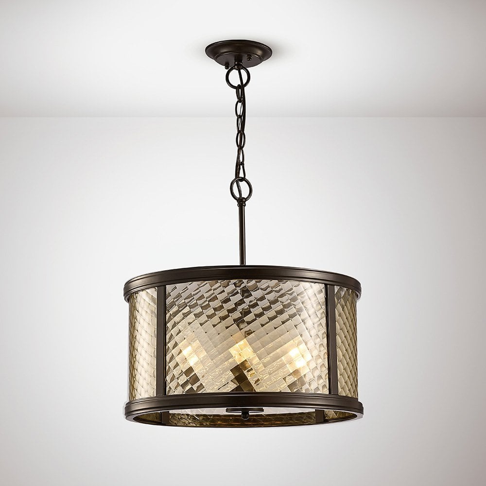 Oiled Bronze & Amber Glass 4-Light Pendant Chandelier