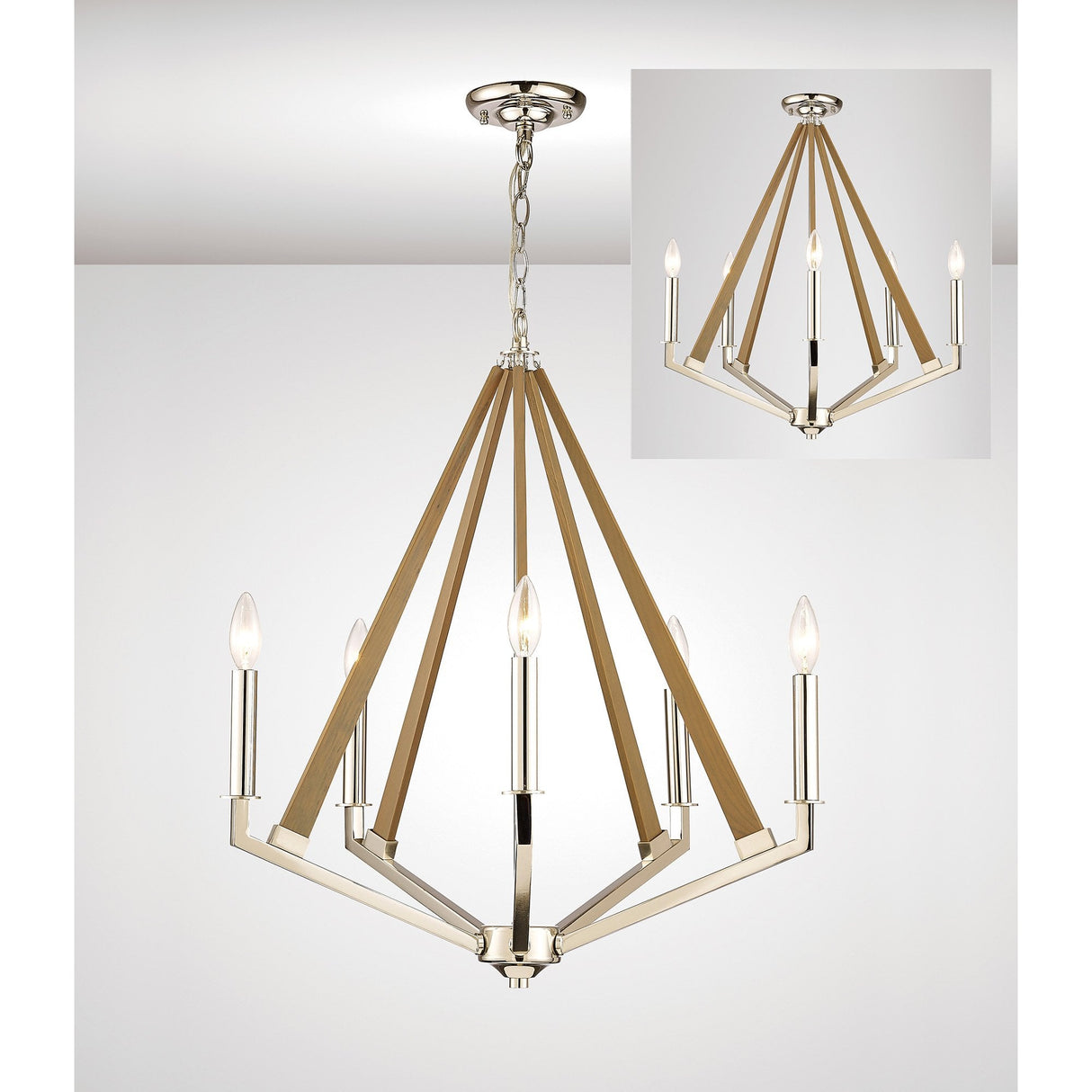 Hilton 5-Light Pentagonal Pendant in Polished Nickel and Taupe Wood