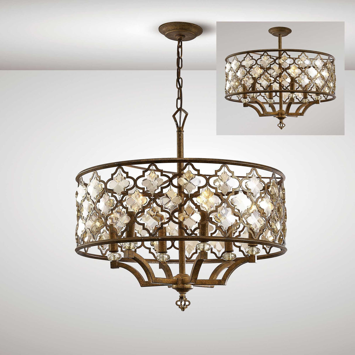 Exquisite Teak Crystal 6-Light Pendant with Mocha Finish