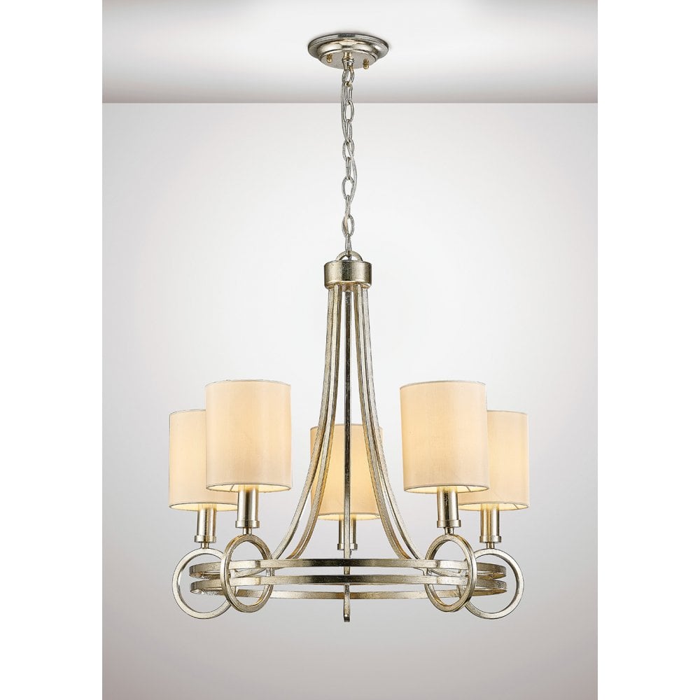 Isabella Antique Silver and Teak Pendant with Beige Shade - 5 Light E14 Chandelier
