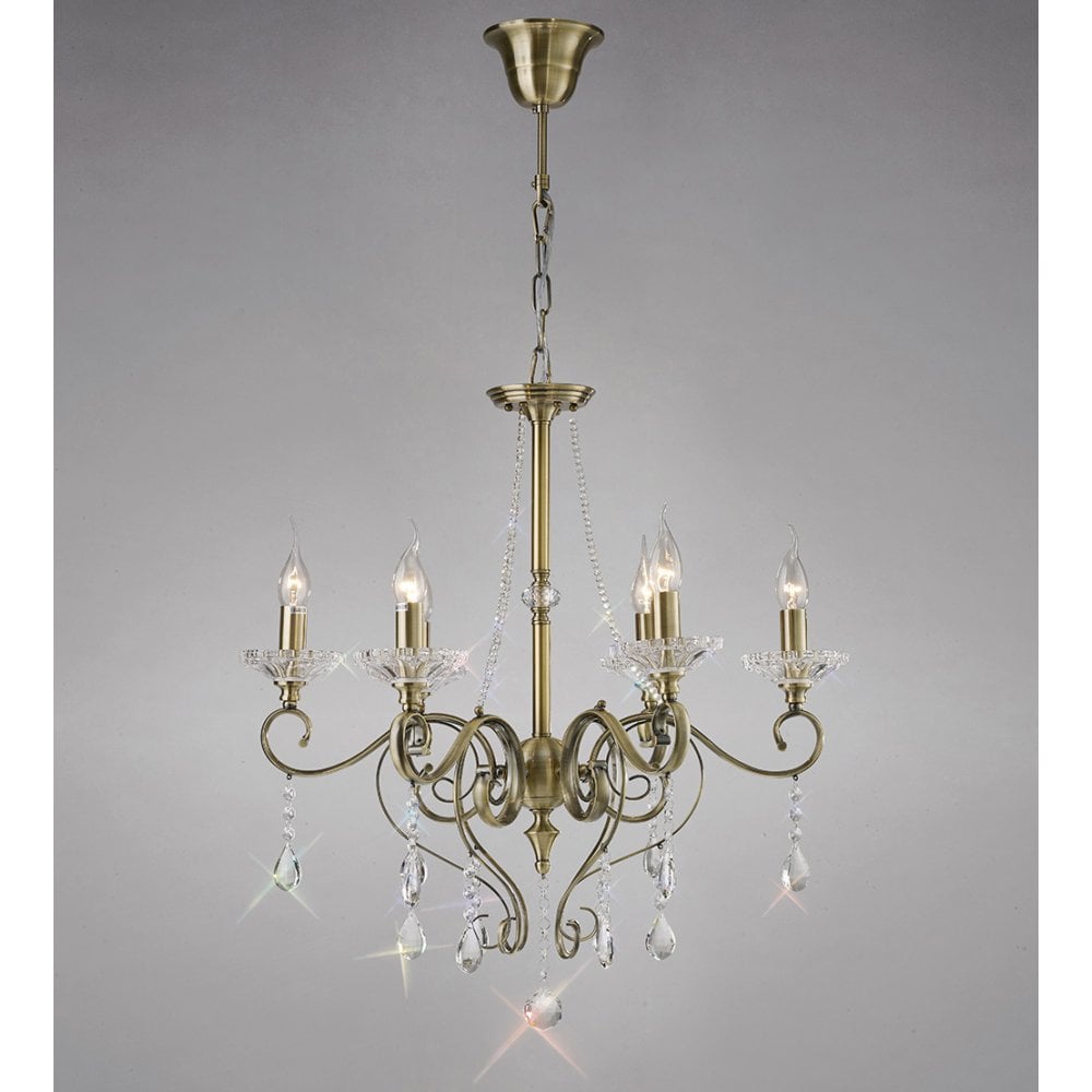 Libra Elegant 6-Light Chandelier in Antique Brass and Crystal