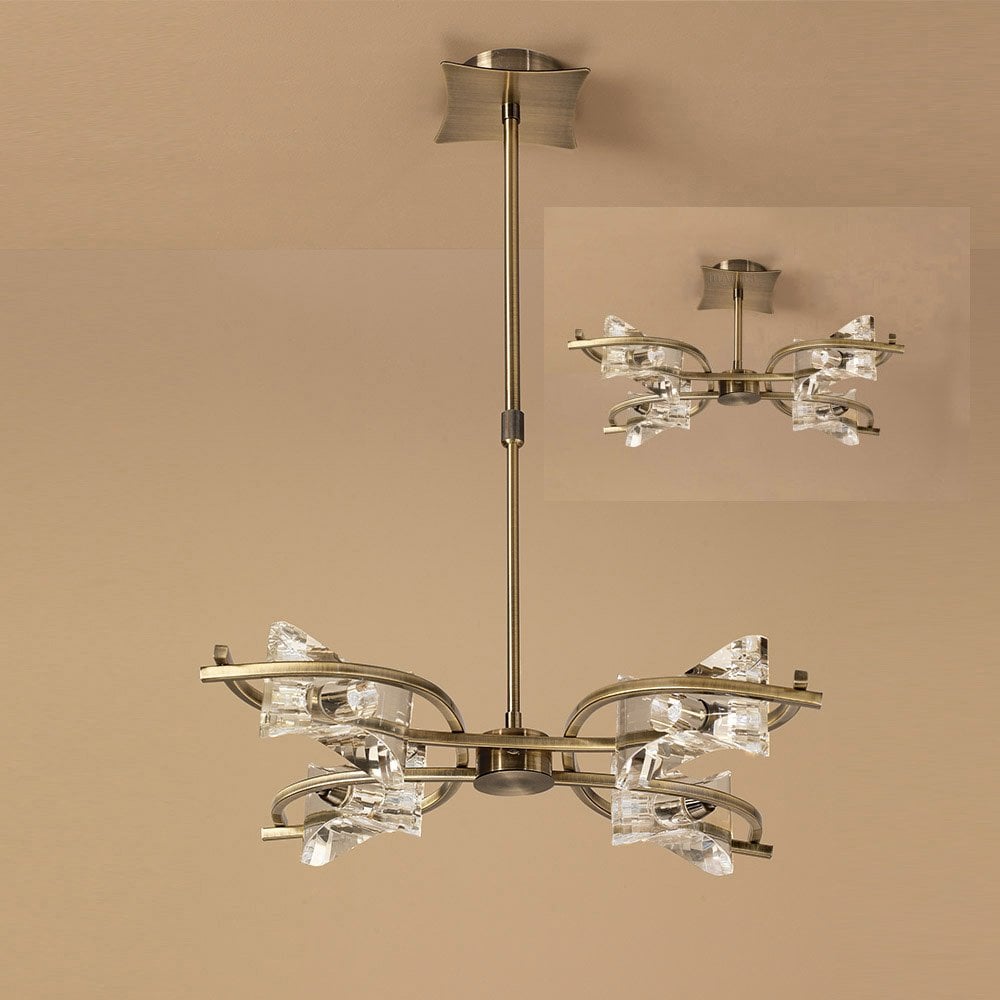 Kromo Telescopic Semi-Flush Convertible Light Fixture in Antique Brass with Clear K9 Crystals