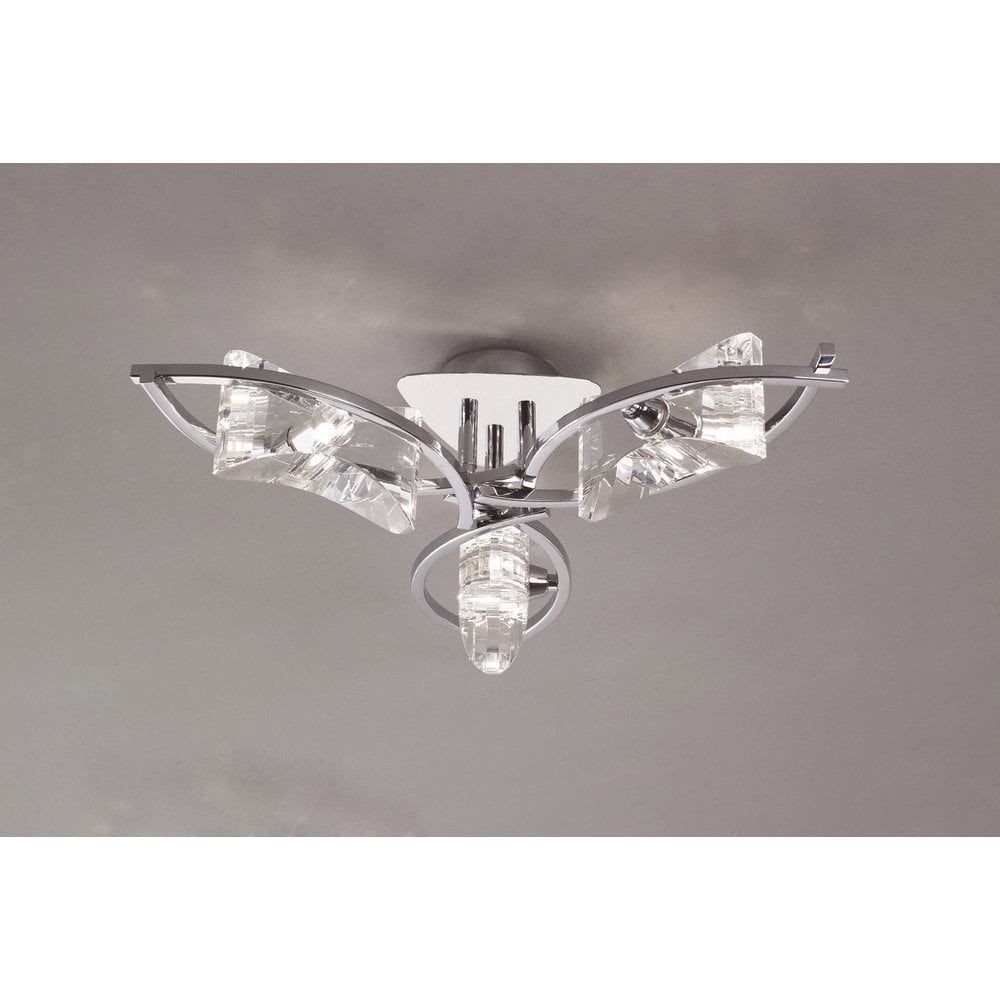 Kromo Triple Light Ceiling Fixture in Polished Chrome with Clear Crystal Accents