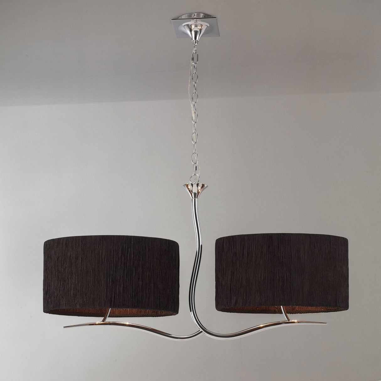 Eve 2-Arm Pendant Light in Polished Chrome with Black Silken Oval Shades