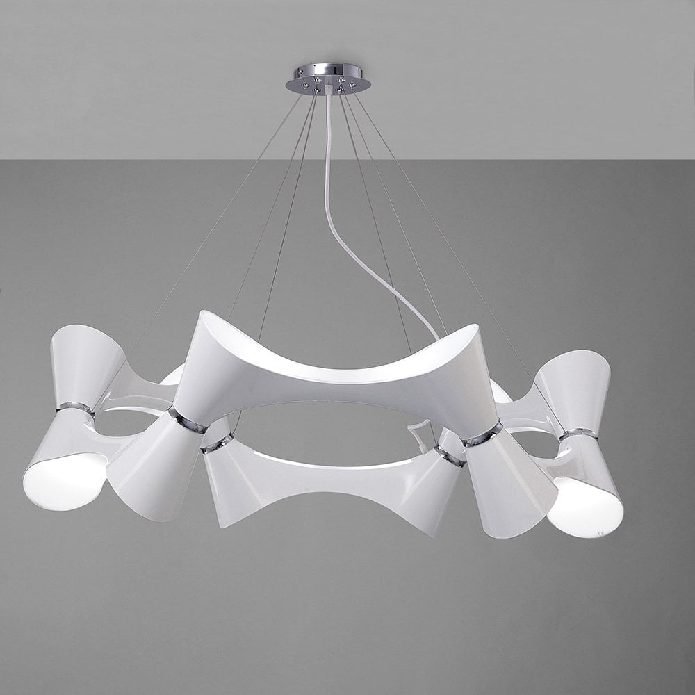 Ora Pendant 12 Light Twisted Globe, Gloss White with Polished Chrome Accents