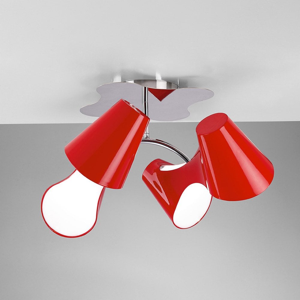Ora Dual Arm Ceiling Fixture, Gloss Red with White Acrylic and Chrome Accents