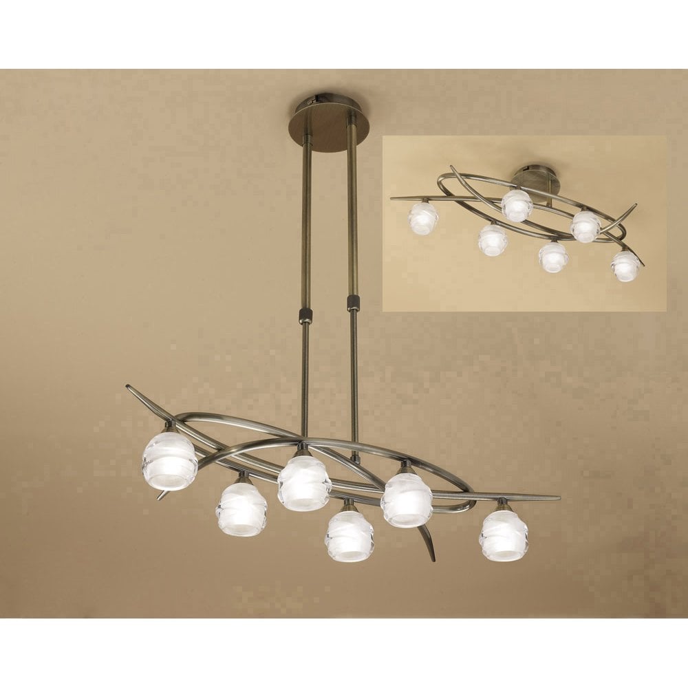 Antique Brass Loop Telescopic Convertible 6-Light Fixture with Frosted Glass Spheres