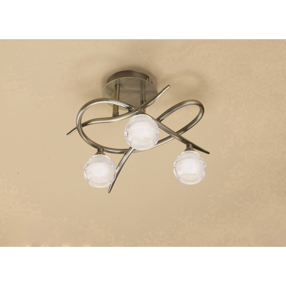 Antique Brass Loop Ceiling Light Fixture with Sculpted Glass Spheres