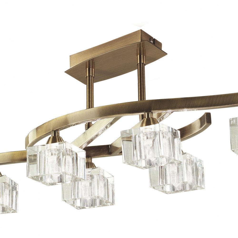 Cuadrax Antique Brass Telescopic Semi Flush 6 Light Fixture with Clear Glass Shades