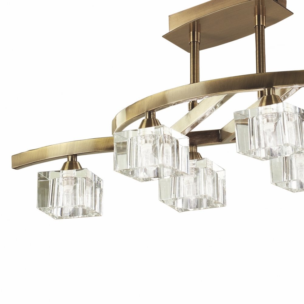 Cuadrax Antique Brass Telescopic Semi Flush 6 Light Fixture with Clear Glass Shades