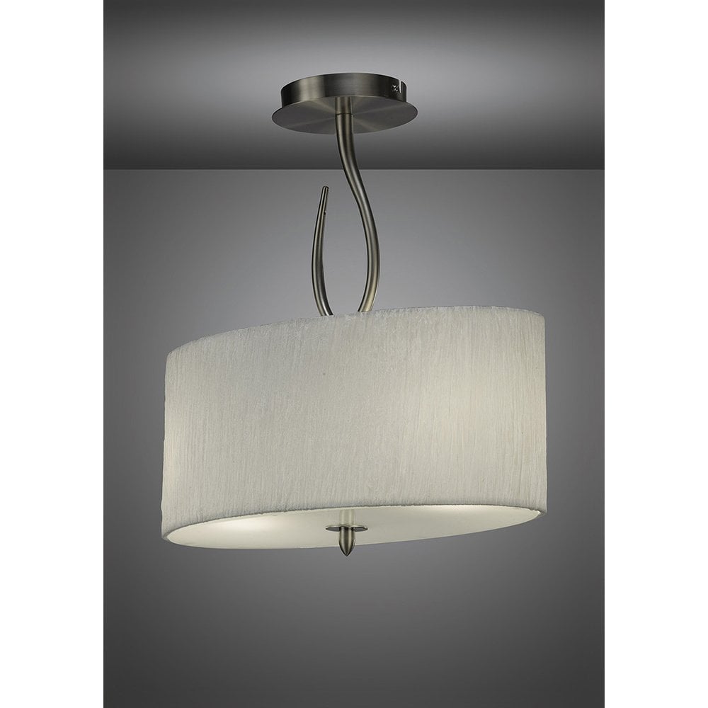 Lua Satin Nickel Semi Flush Ceiling Light with White Fabric Shade, 2-Light E27