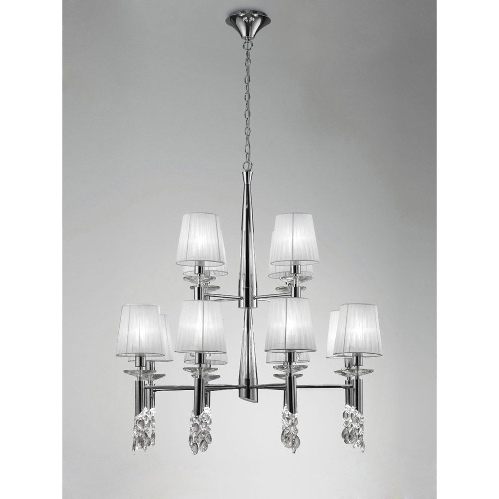 Luxe Illumination: Dual-Tier Crystal Chandelier in Polished Chrome and White Shades
