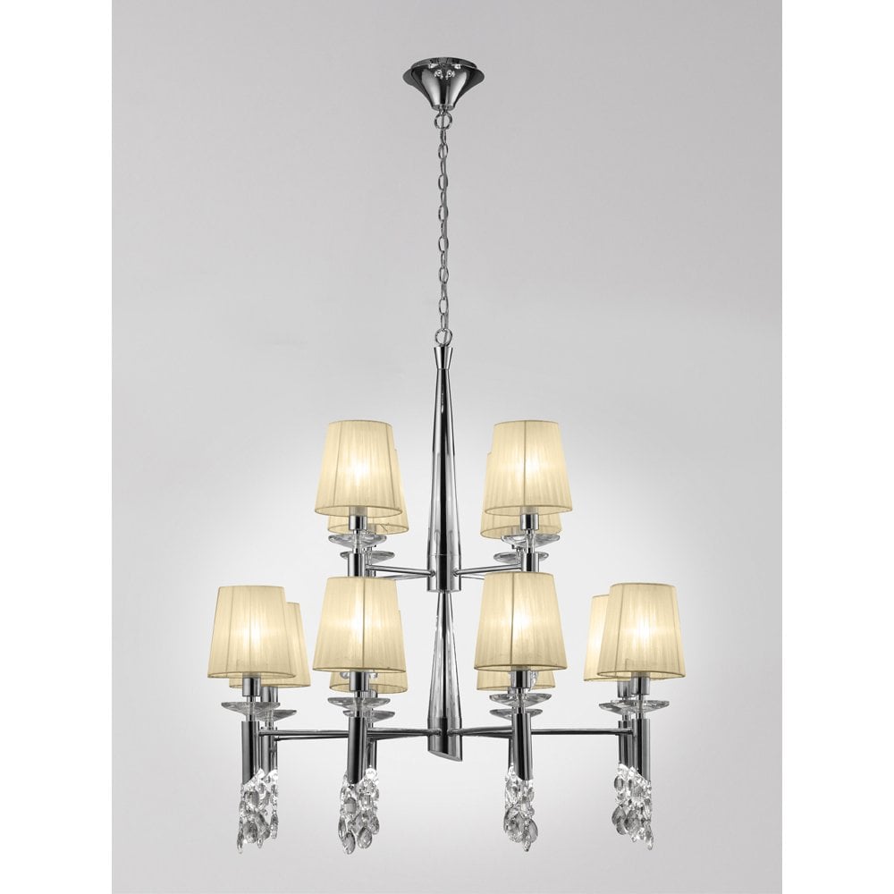 Elegant Two-Tier Pendant Light with Cream Shades and Crystal Accents in Polished Chrome