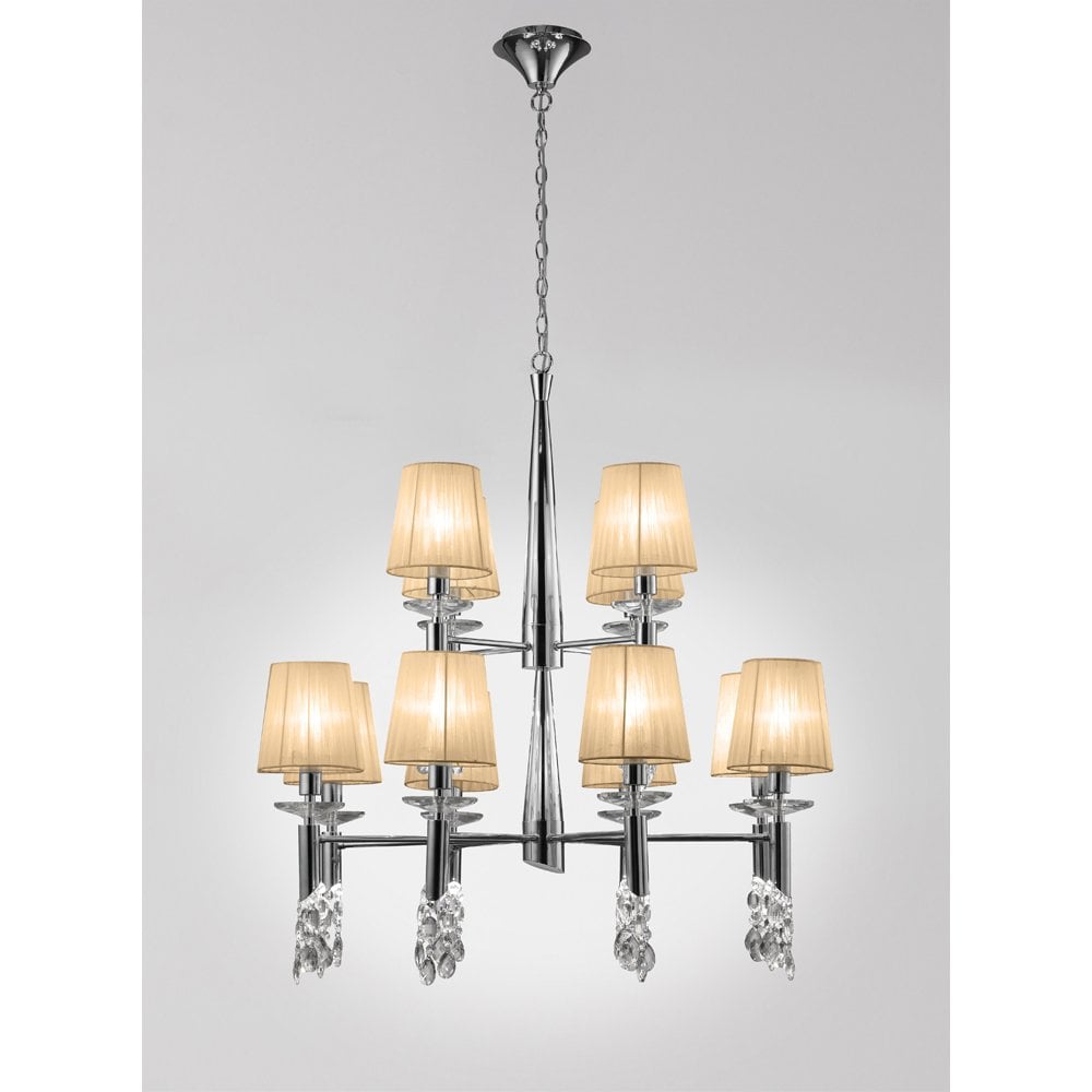 Tiffany Dual Tier 24-Light Pendant in Polished Chrome with Bronze Shades & Clear Crystal Elegance